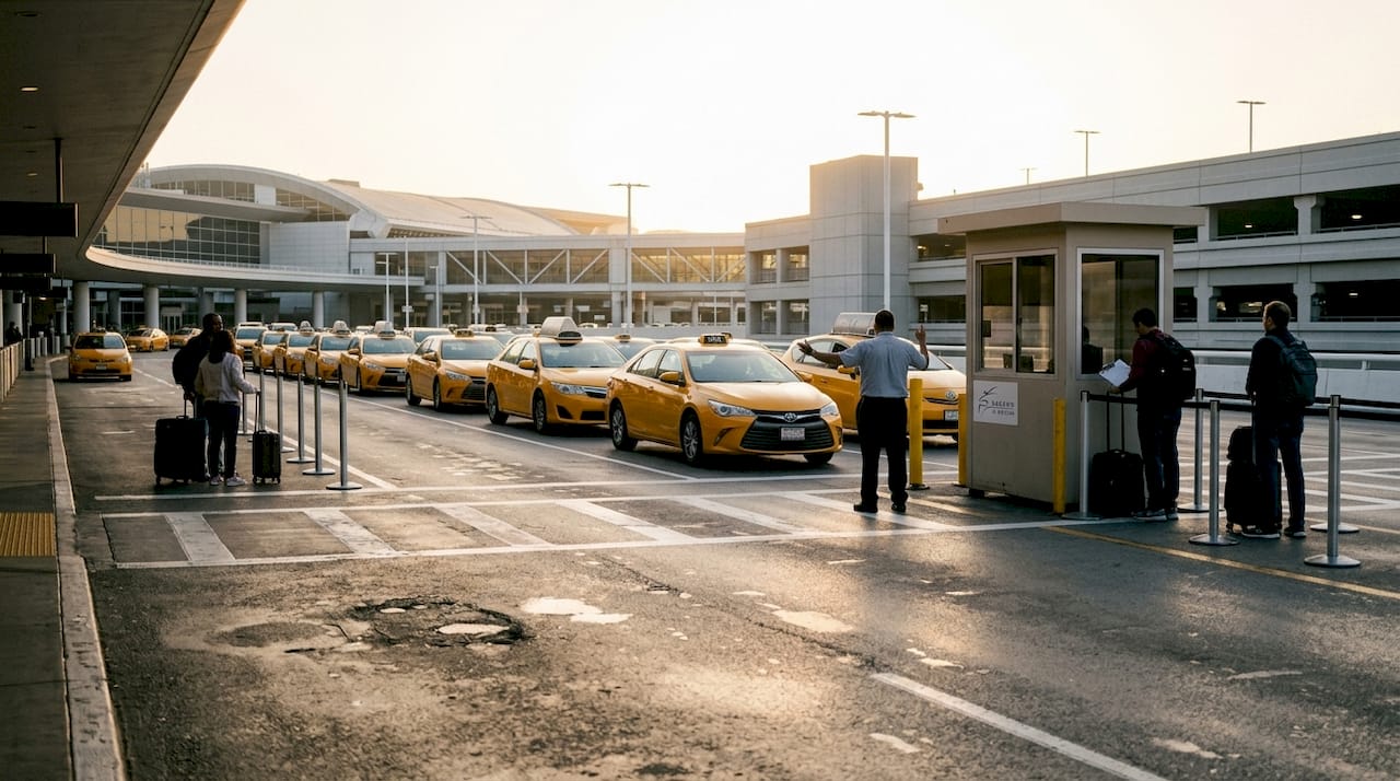 LAX taxi queue and dispatcher area outside terminal