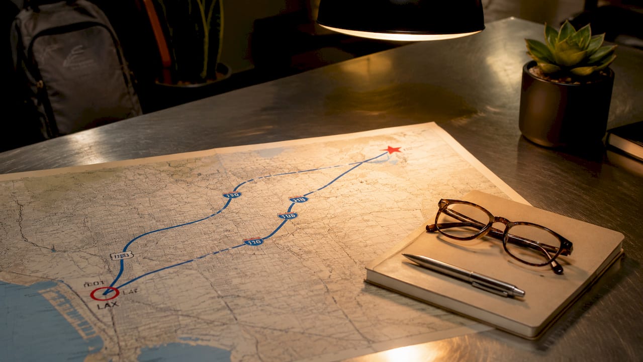 Close-up of physical map showing LAX to Universal Studios route