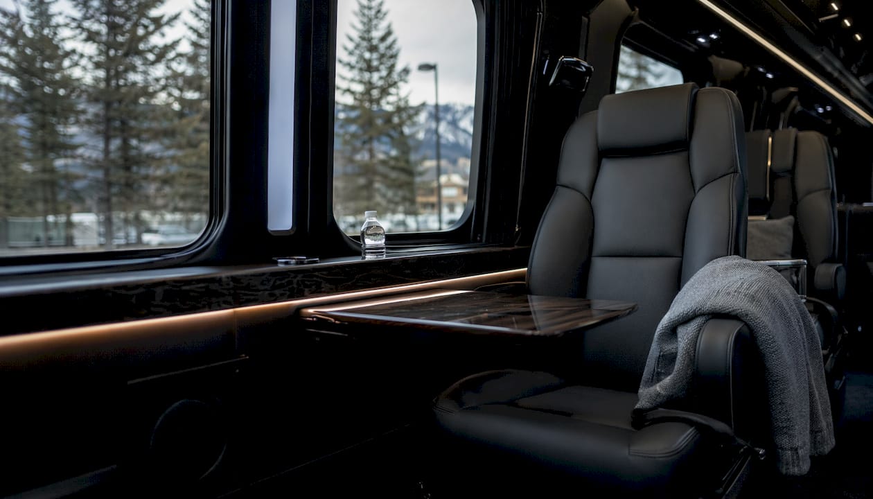 Luxurious interior of black Mercedes-Benz Sprinter van
