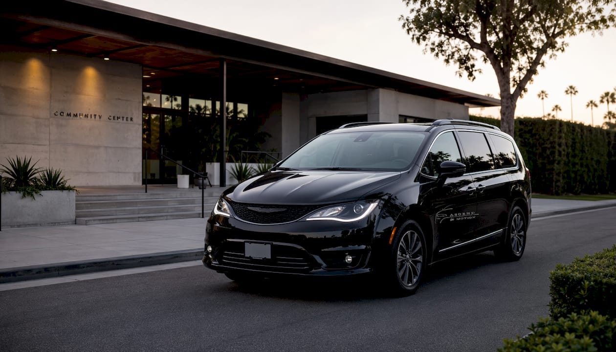Black Ascend in Motion branded minivan parked city street
