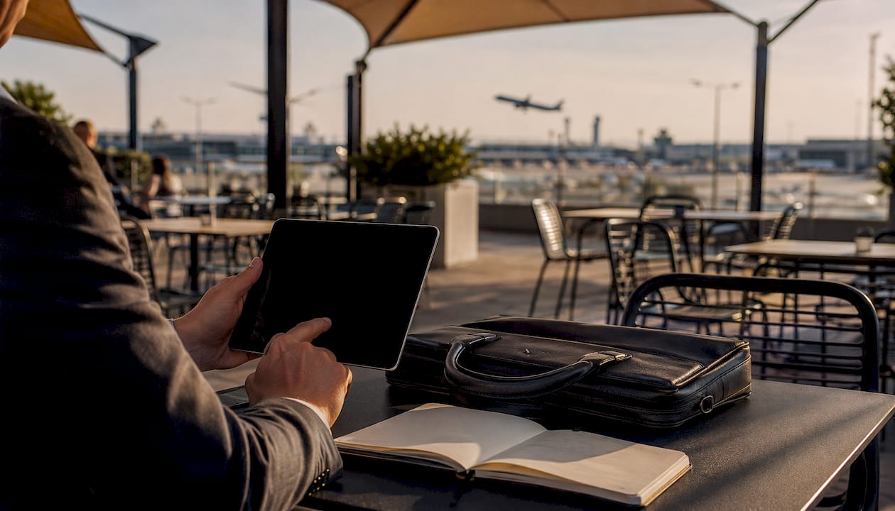 Hands using tablet in airport lounge for taxi booking