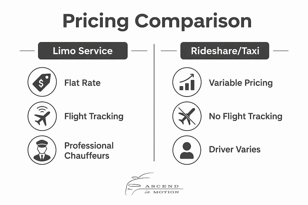 Infographic comparing limo service versus rideshare pricing features