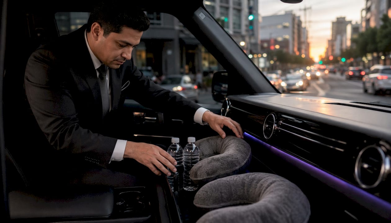Interior of luxury minivan with chauffeur arranging amenities