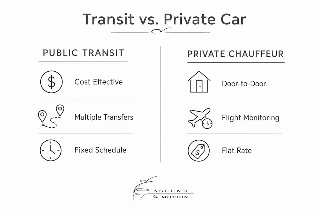 Comparison infographic of transit and private chauffeur options