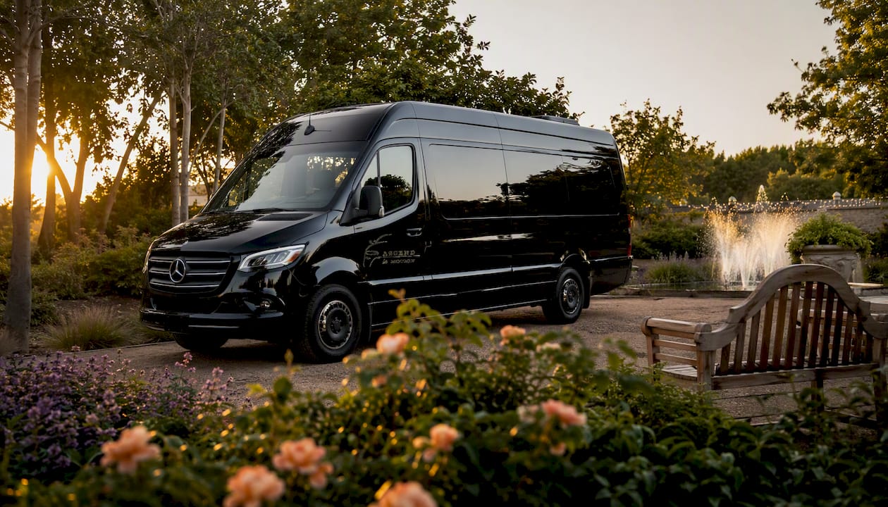 Ascend in Motion branded black Sprinter at residence driveway