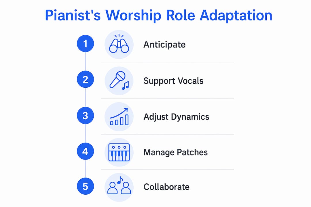 Infographic illustrating pianist role adaptation steps in worship