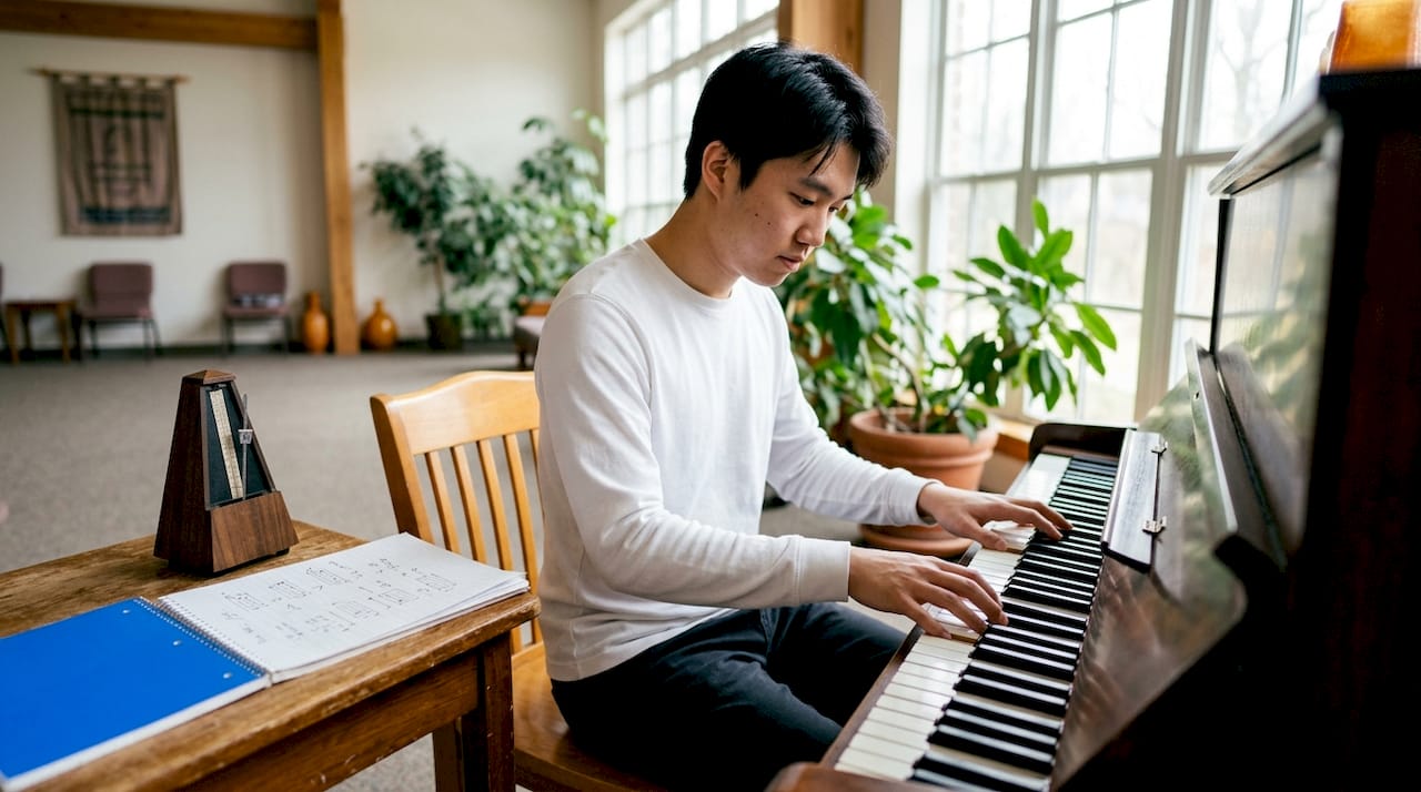 Close-up of pianist hands using voicing technique