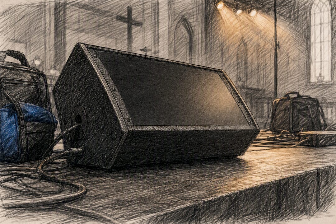 Low angled floor monitor on stage floor