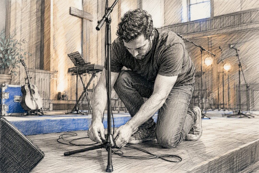 Hands adjusting audio cable on church stage