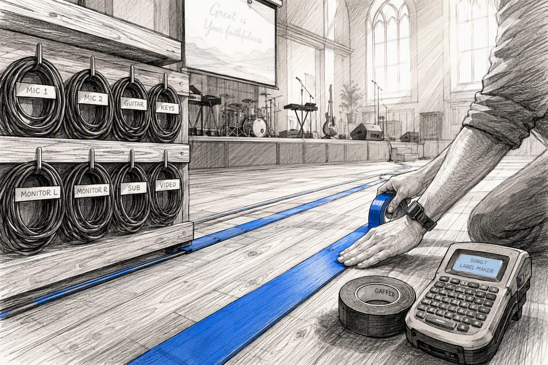 Hands arranging labeled cables on church stage floor