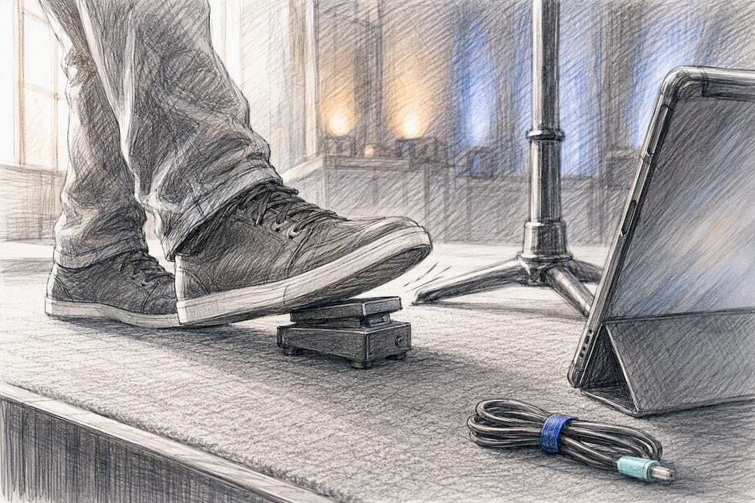 Hands testing a stage foot pedal