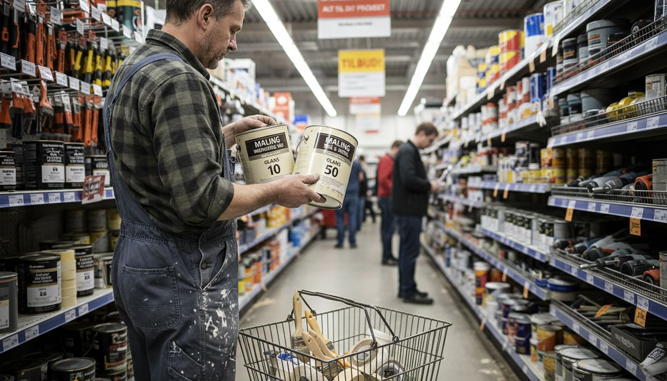 En tømrer står i byggemarkedet og sammenligner forskellige malerbøtter på hylden.