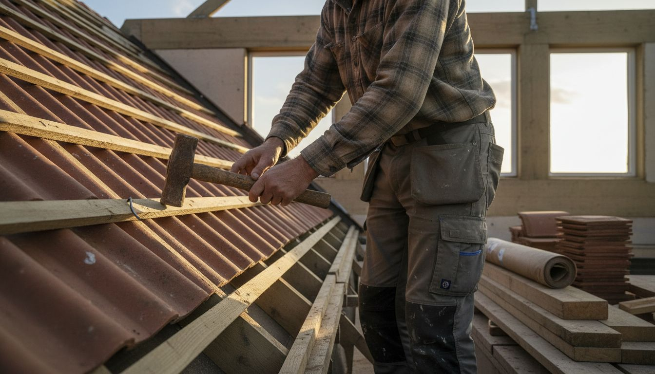 En tømrer er i gang med at arbejde på en traditionel dansk tagkonstruktion.