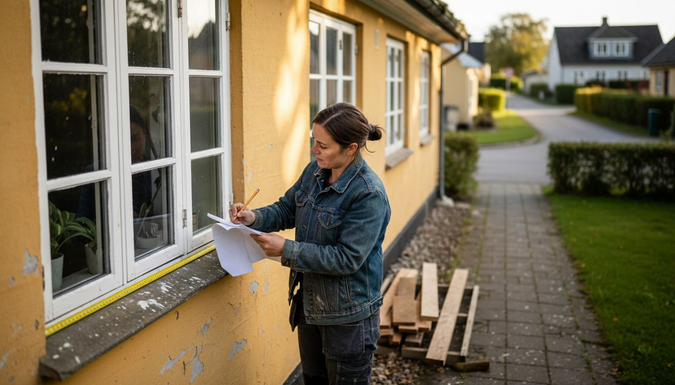 En tømrer gennemgår vinduesrammerne på det gamle hus for at tjekke deres stand.