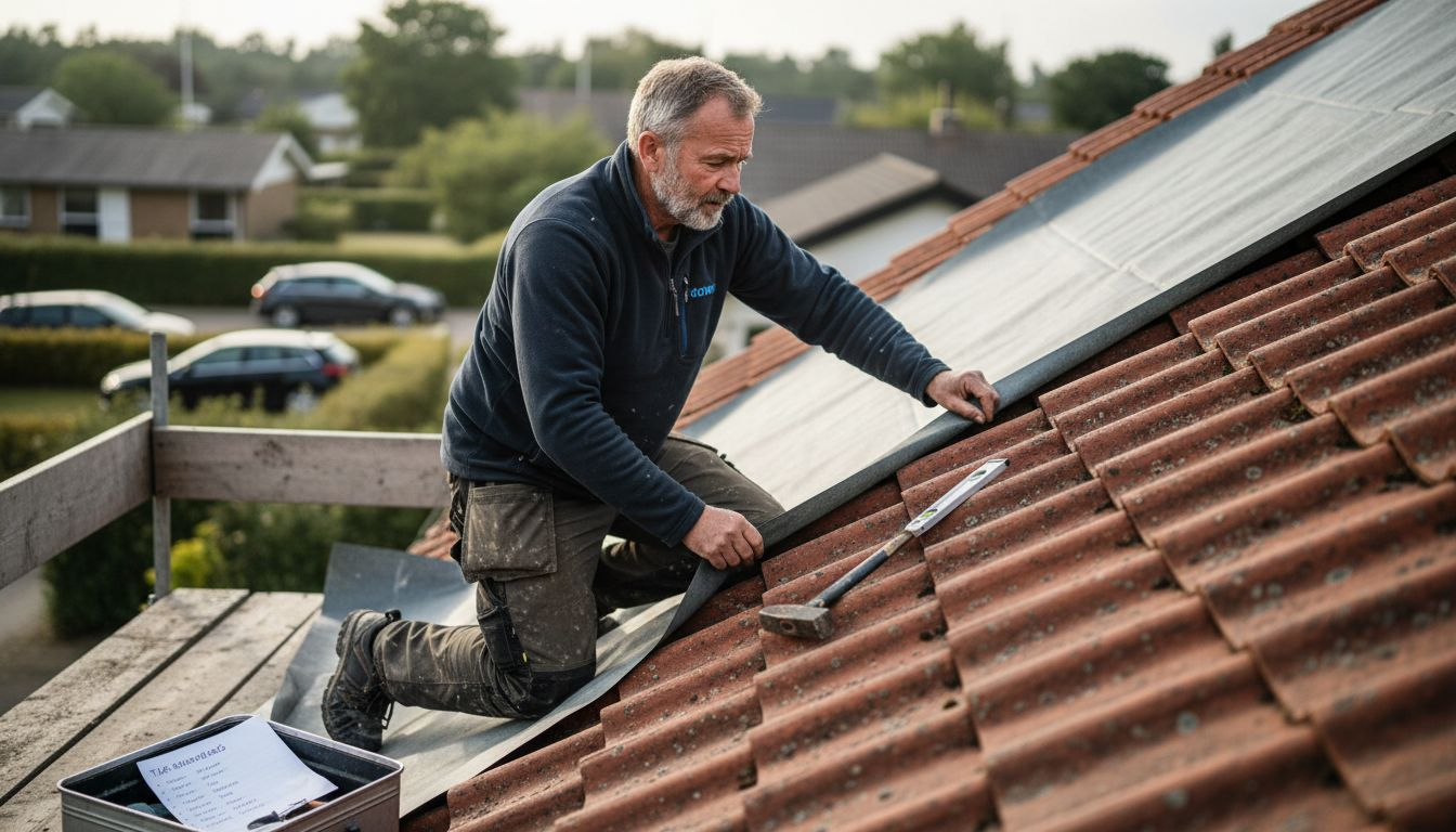 En fagmand er i gang med at lægge nyt undertag på et gammelt hus.