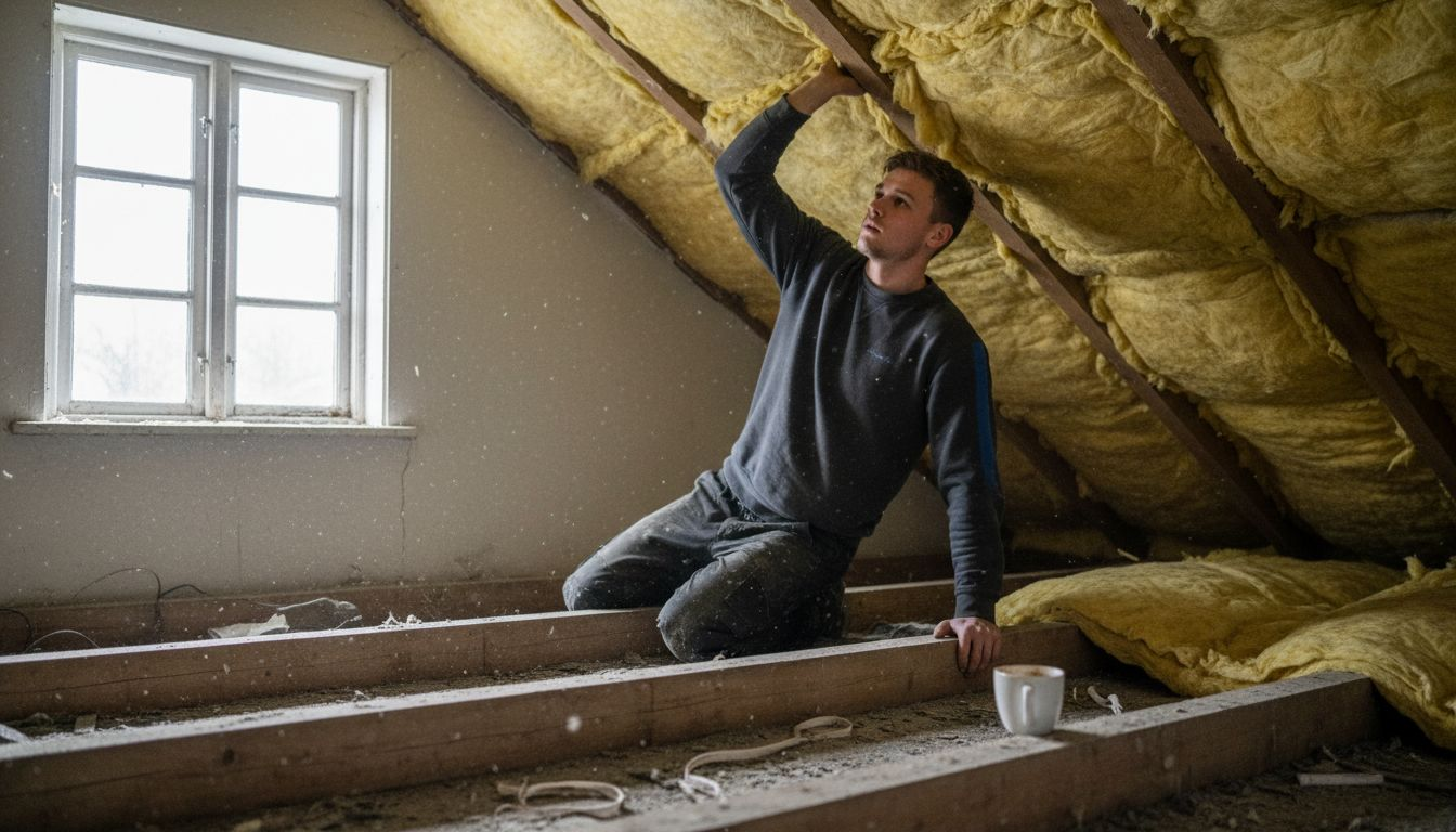 En fagmand er i gang med at lægge isoleringsmåtter ud på loftet.