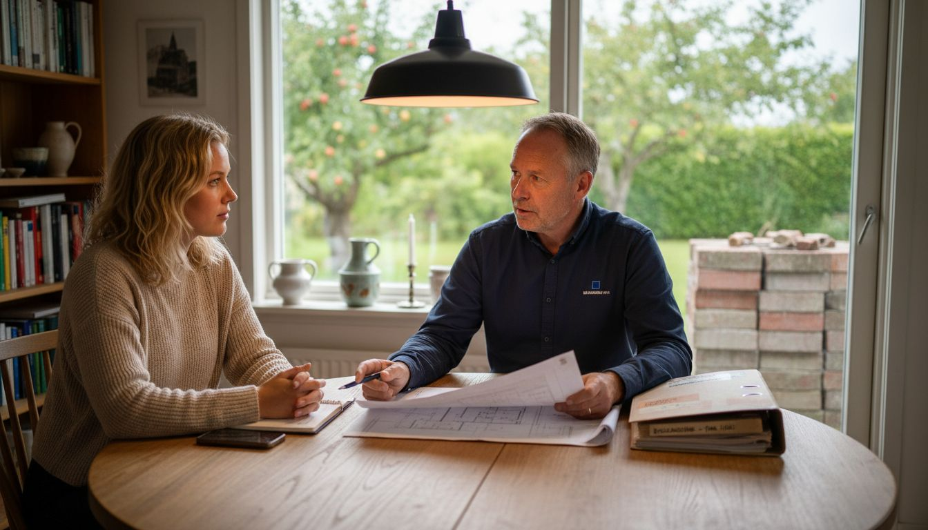 Brandrådgiver gennemgår rapporten sammen med kunden ved spisebordet