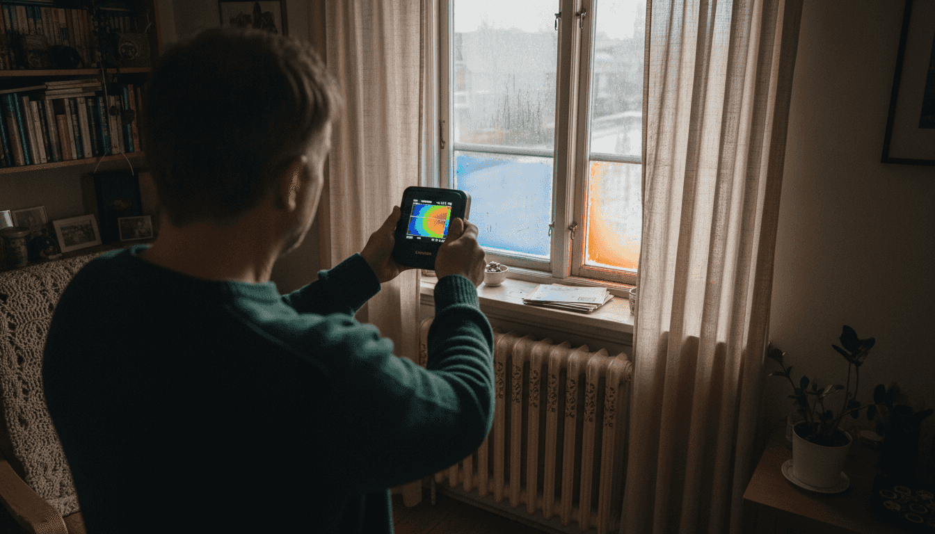 Boligejer tjekker vinduet for varmetab med et termisk kamera