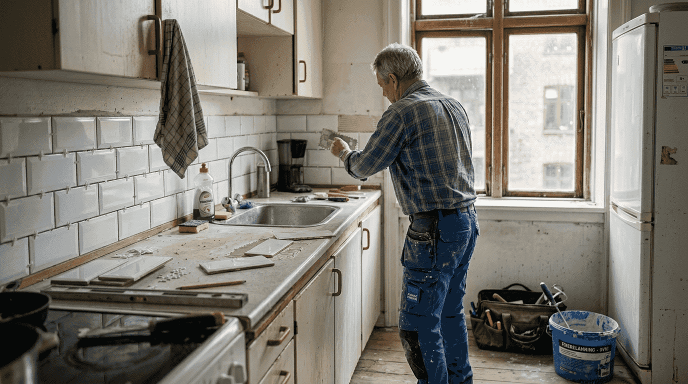 En håndværker er i gang med at lægge fliser i køkkenet under en lejlighedsrenovering.