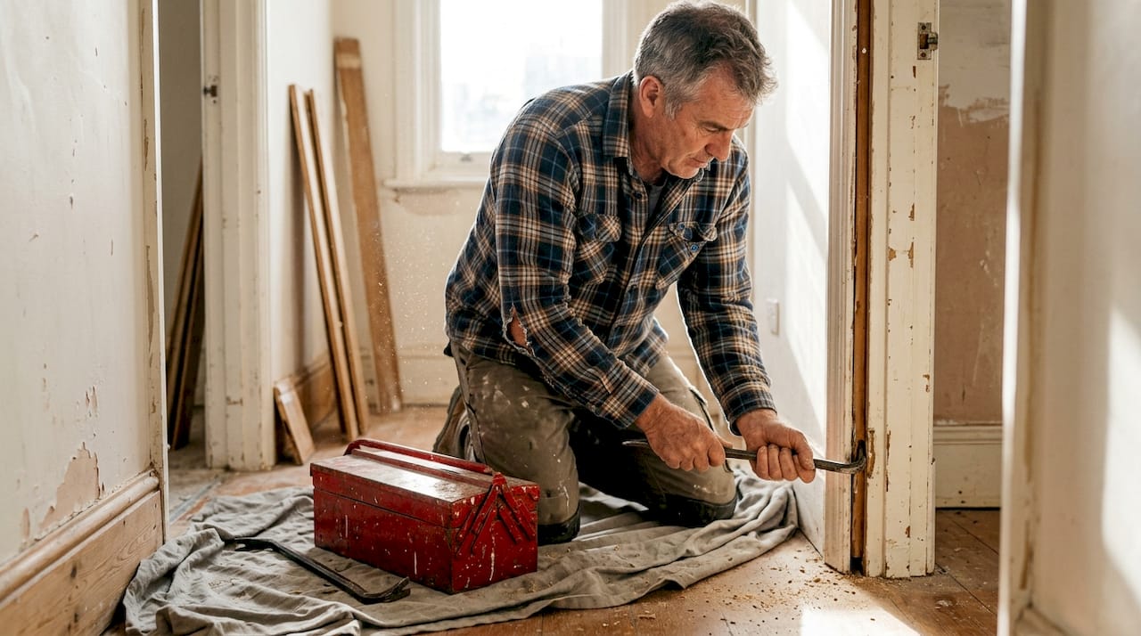 En tømrer er i gang med at fjerne den gamle dørkarm ude i entréen.