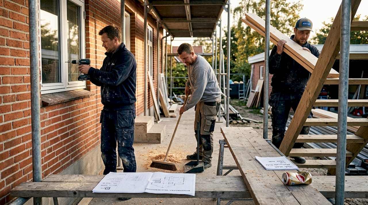 Tre håndværkere er i gang med at renovere