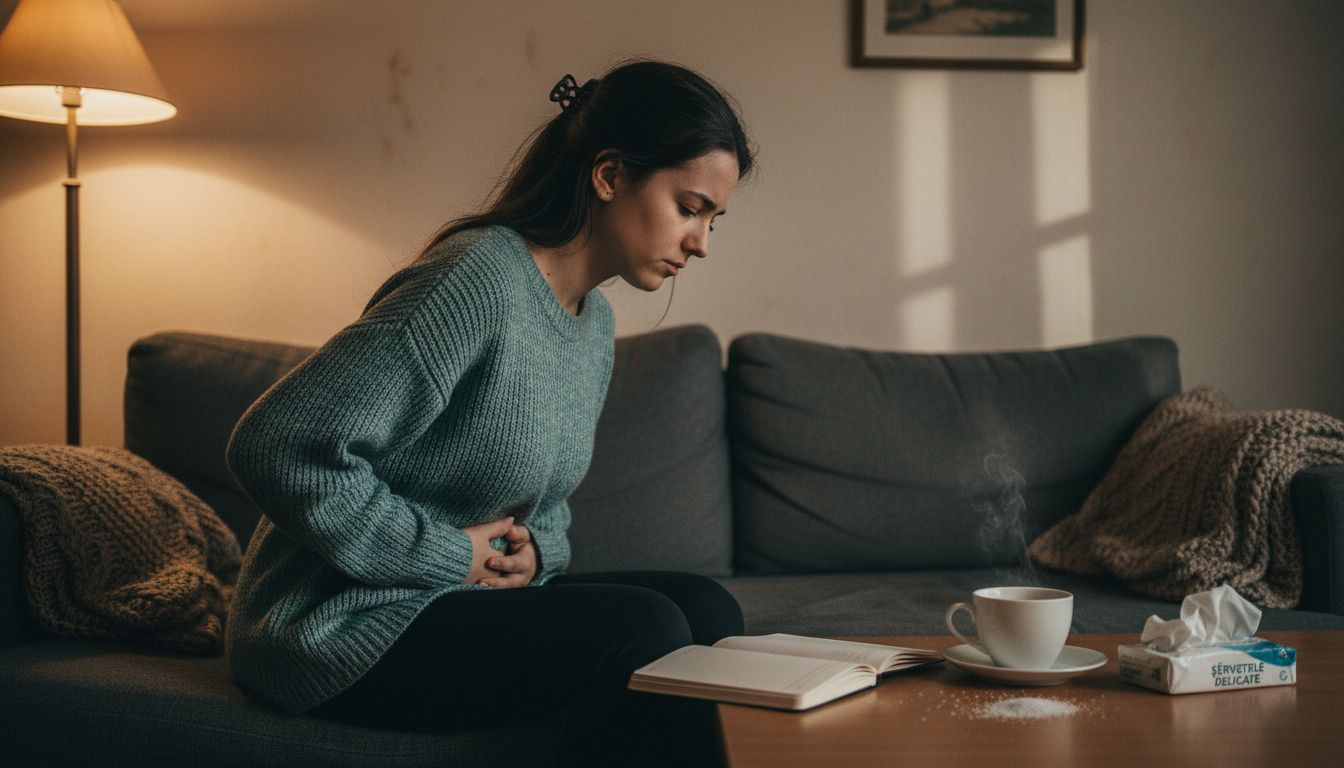 O femeie care se confruntă cu probleme digestive stă pe canapea, în sufragerie.