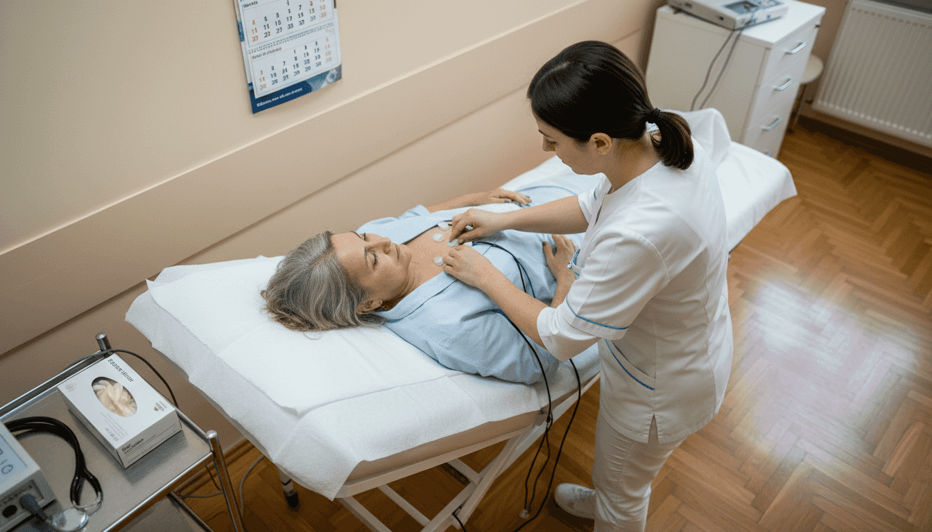 O femeie își face o electrocardiogramă la cabinetul medical.