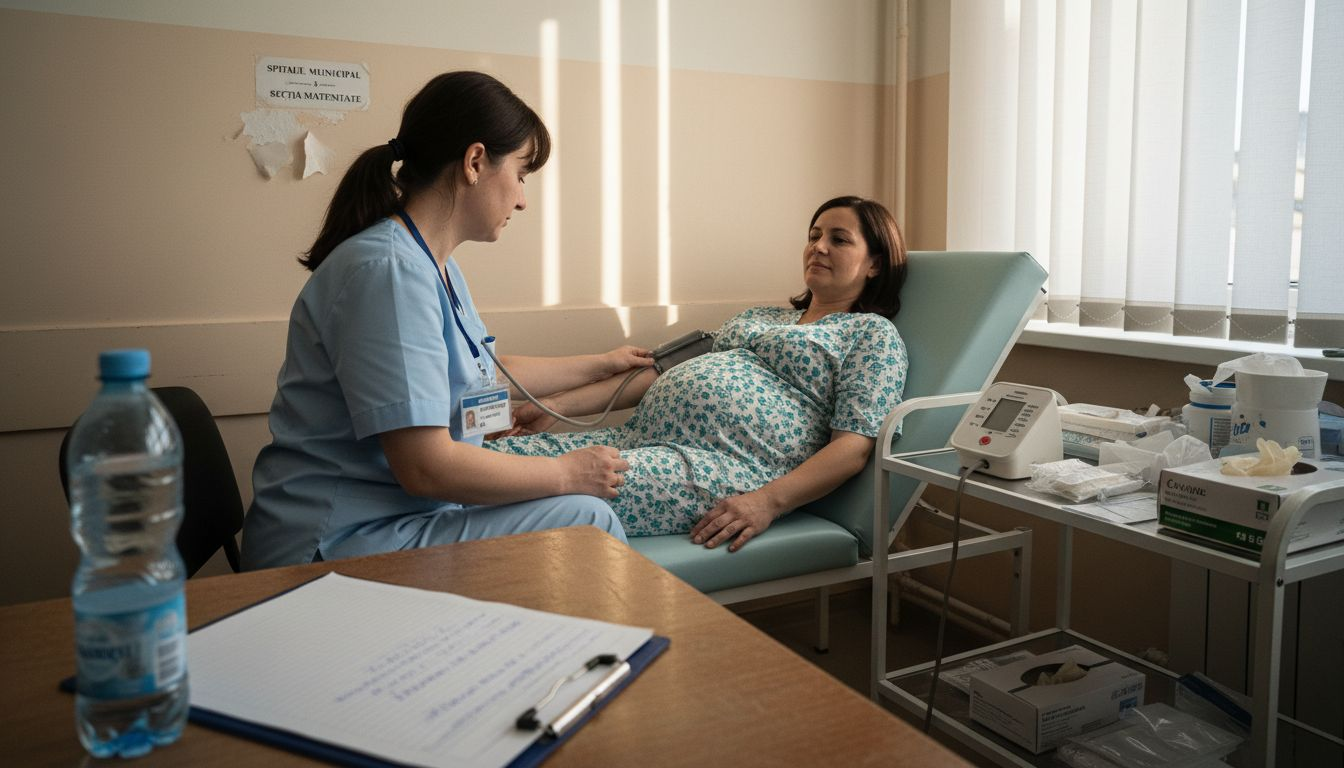 O femeie însărcinată își măsoară tensiunea arterială la controlul medical.