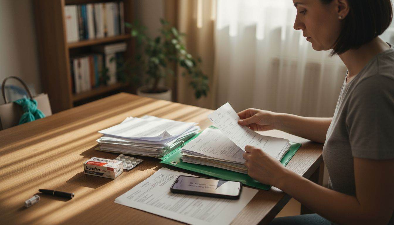 O pacientă își pune la punct dosarul medical acasă, adunând toate documentele necesare pentru consultație.