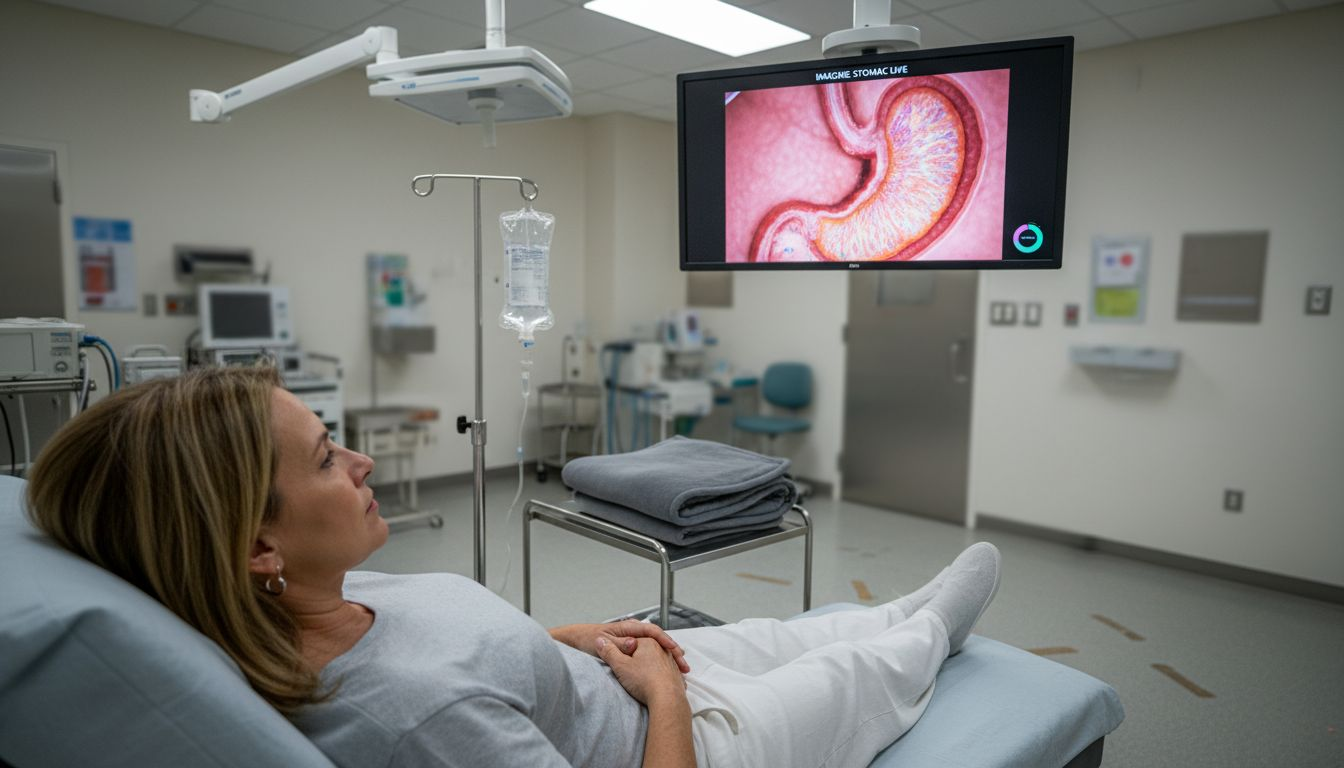 Pacienta urmărește cu atenție imaginile afișate pe monitor în timpul procedurii de gastroscopie.