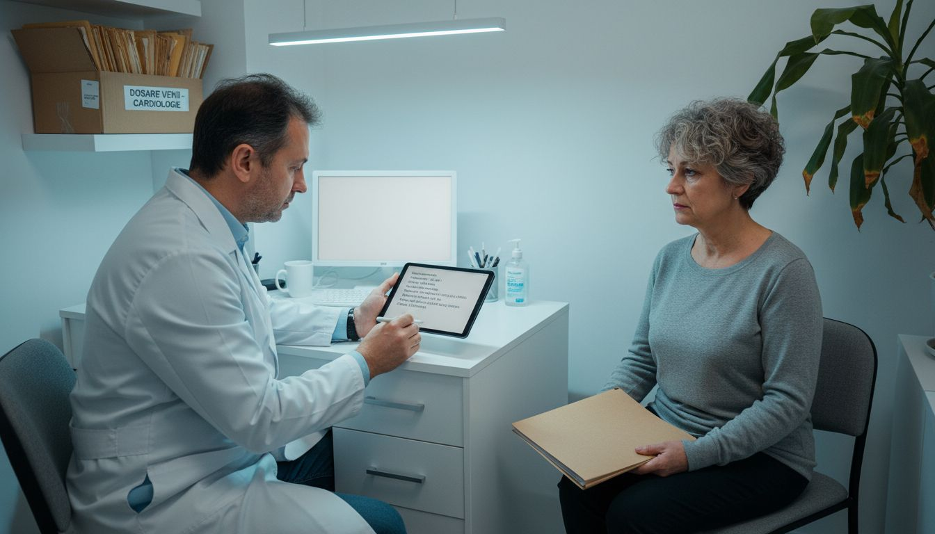 Cardiologul își notează impresiile și poartă o discuție cu pacienta.