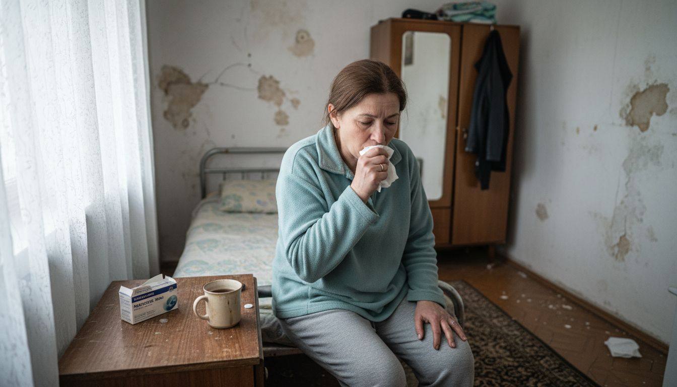 Un pacient cu bronșită cronică începe să tușească în mijlocul camerei.