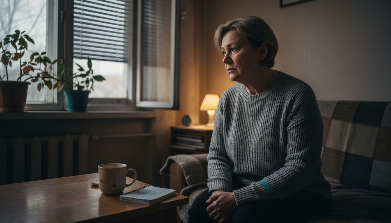 O femeie stă la geam, cufundată în gânduri și cu chipul marcat de îngrijorare.