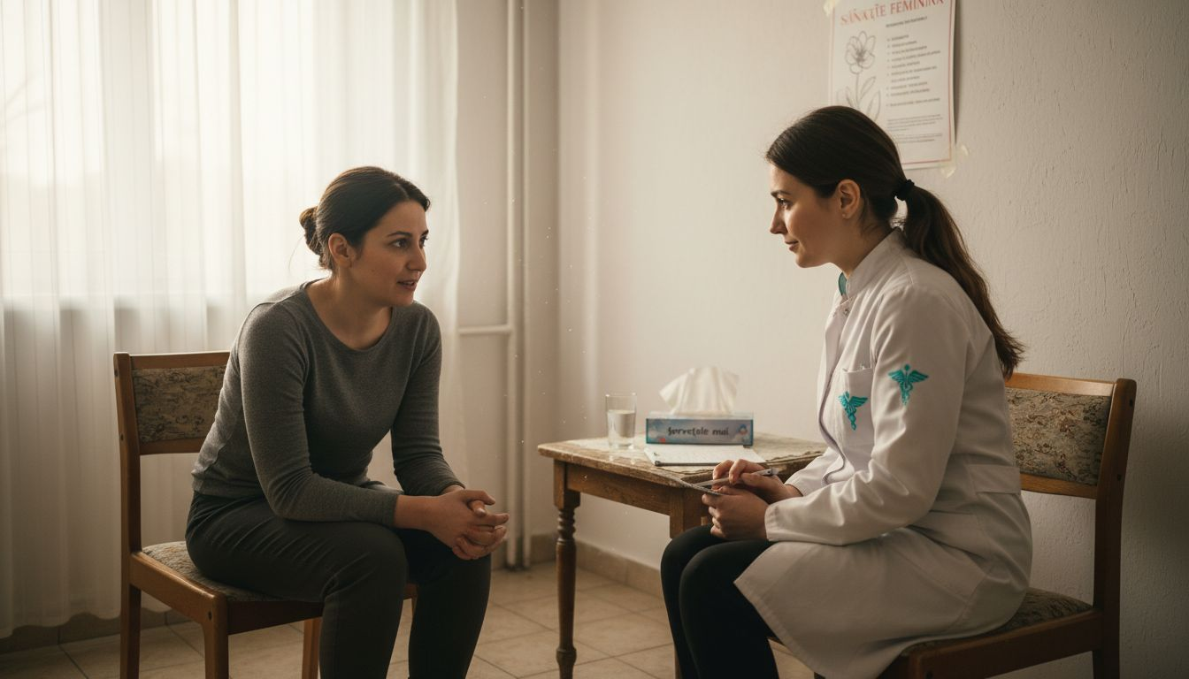 O pacientă poartă o discuție cu medicul ei la cabinet.