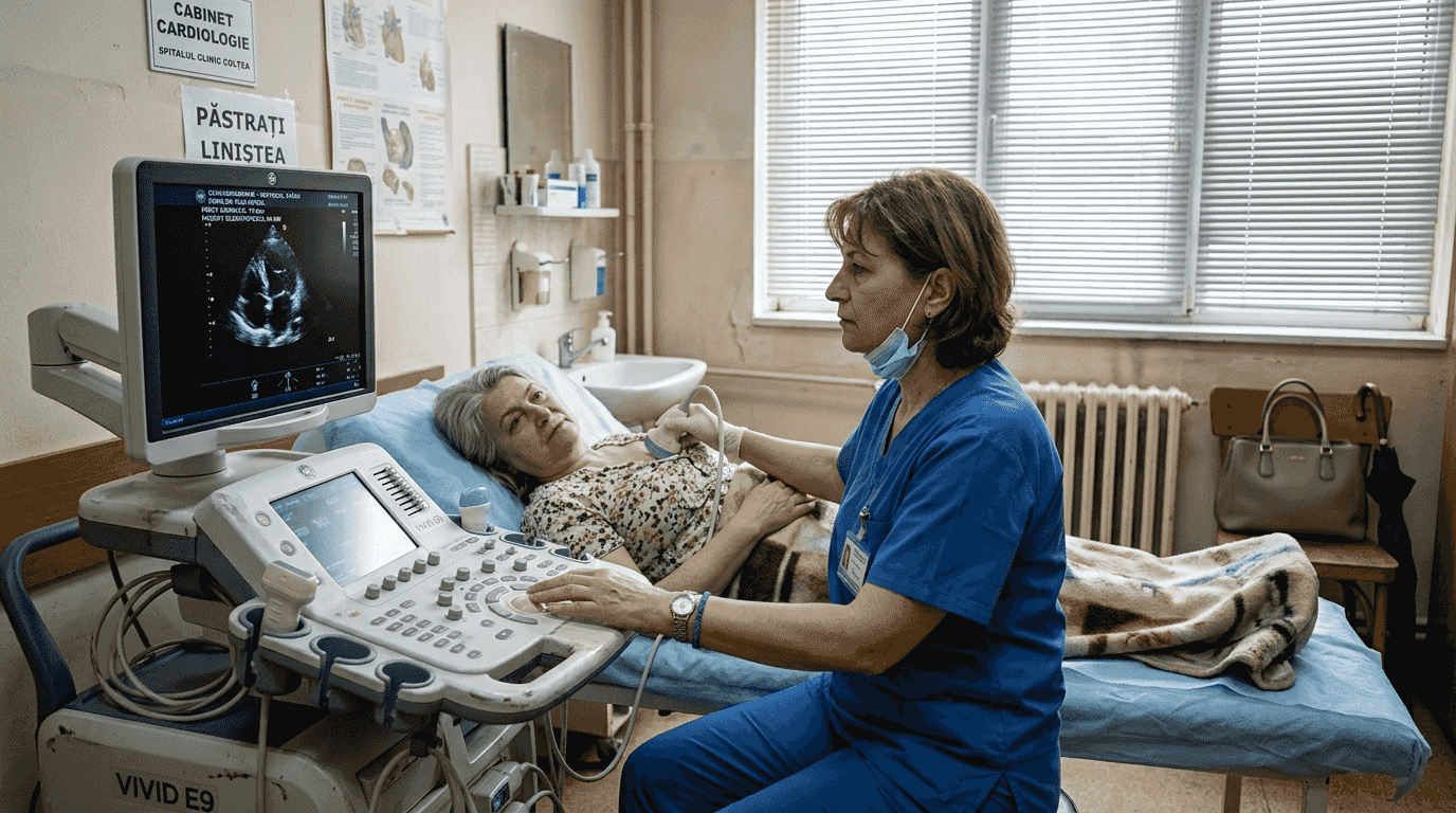 O pacientă este supusă unei ecografii cardiace în cadrul clinicii.