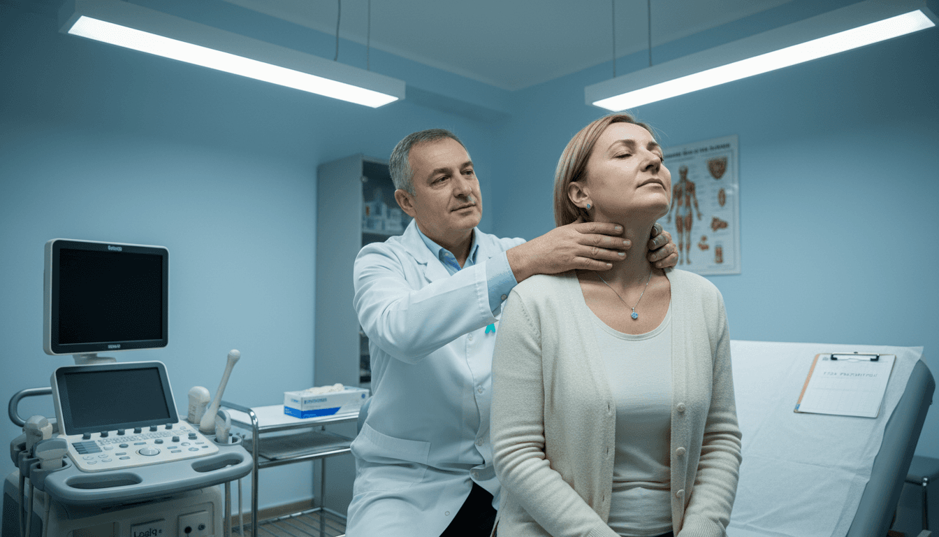 Medicul consultă pacientul pentru a-i verifica tiroida, într-un cabinet de specialitate.