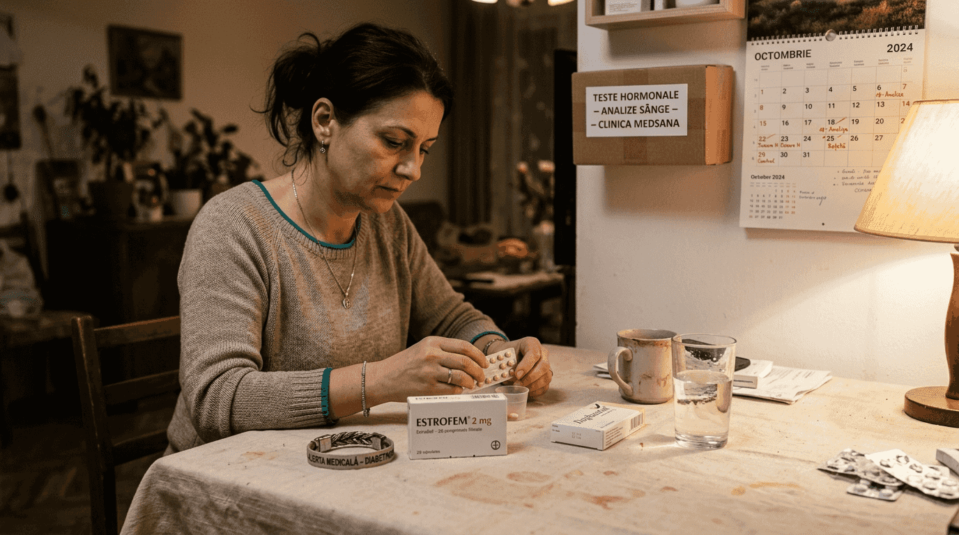 O femeie își pregătește singură tratamentul hormonal, chiar la ea acasă.