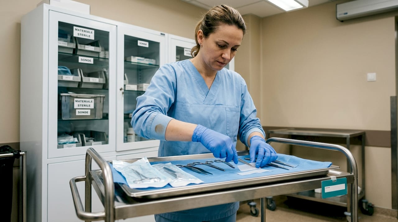 Mâini pregătind instrumentele chirurgicale folosite în uro-ginecologie