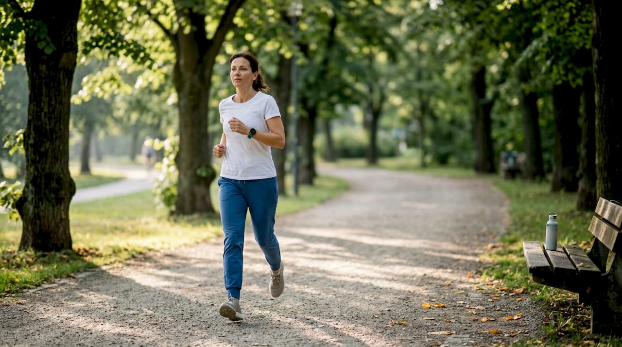 O femeie face jogging lejer pe aleea din parc, bucurându-se de liniștea dimineții.
