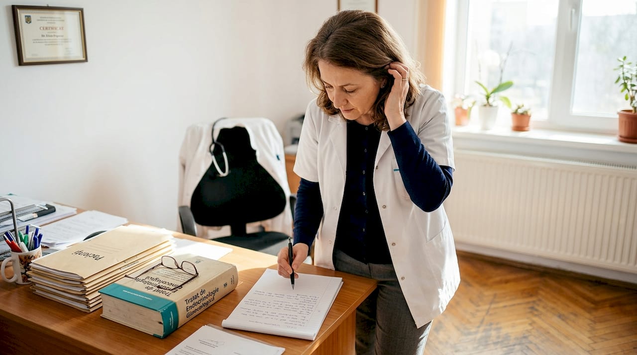 Medic specialist care analizează dosarele medicale ale pacientelor aflate la menopauză