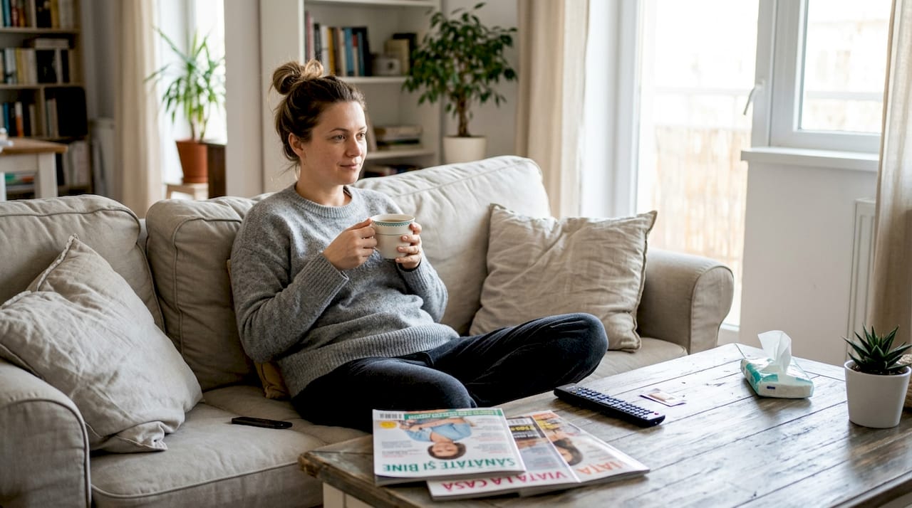 O femeie se relaxează după o procedură minim invazivă, bucurându-se de recuperare într-un mod liniștit și confortabil.
