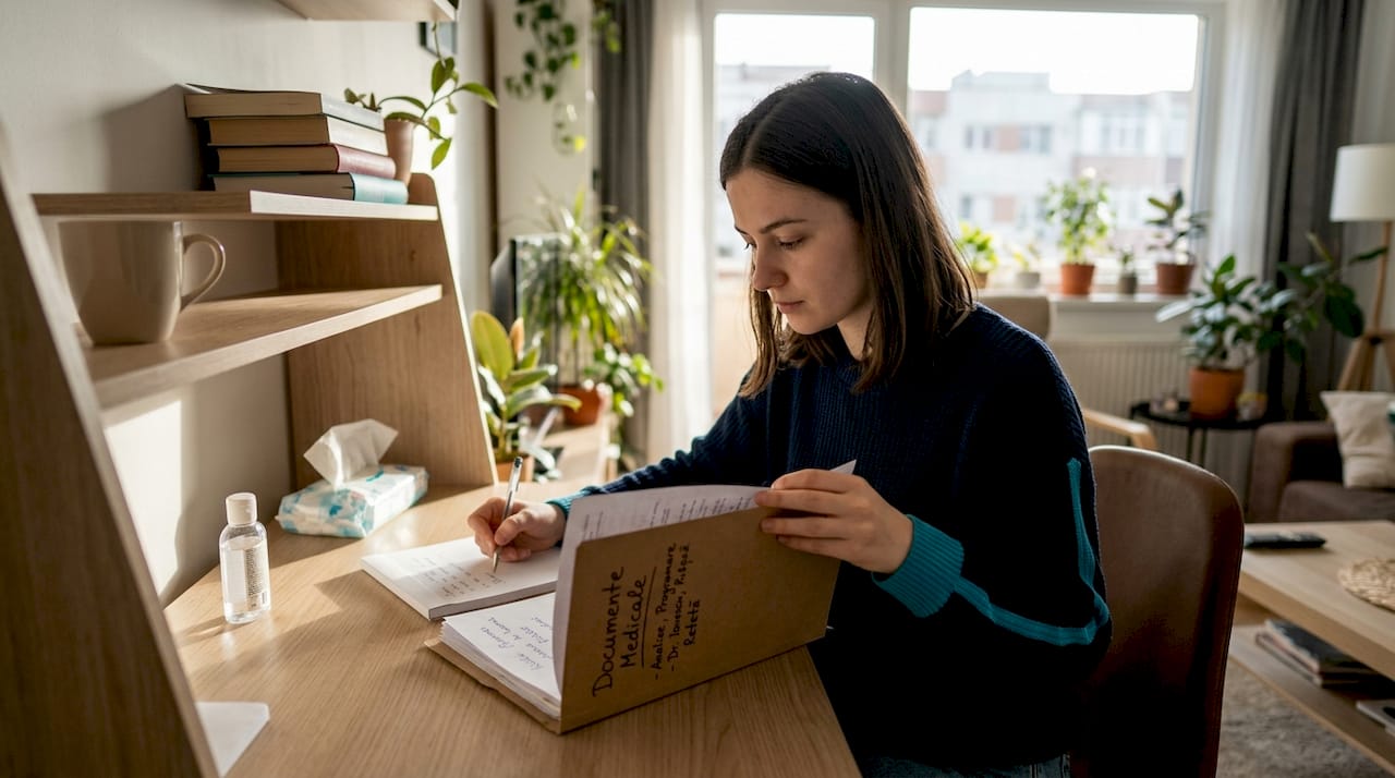 O femeie își strânge documentele medicale personale.