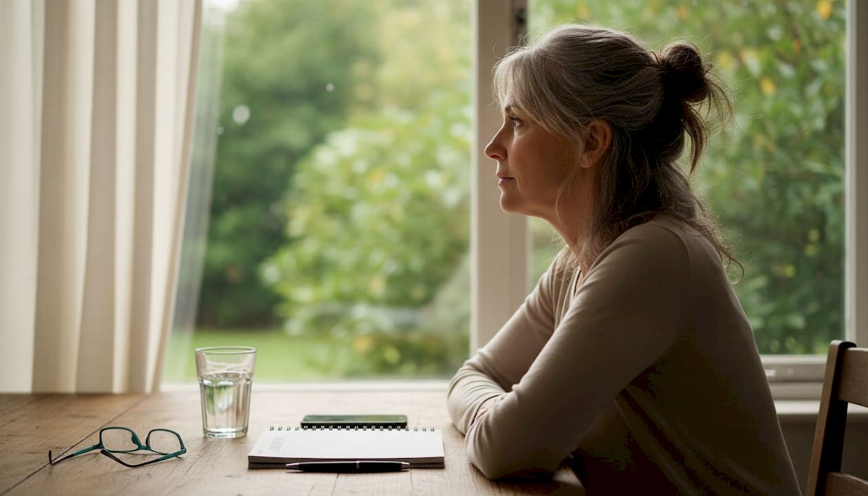 O femeie stă la fereastră, pierdută în gânduri, privind spre bucătărie.