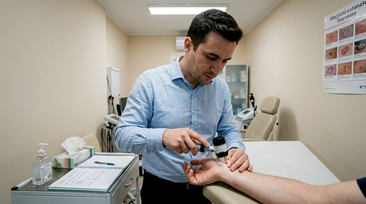 Medic dermatolog examinează pielea pacientului cu ajutorul unui dermatoscop, pentru a identifica eventualele leziuni sau probleme dermatologice.