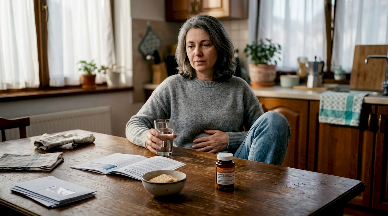 Femeie care se recuperează acasă după o colonoscopie