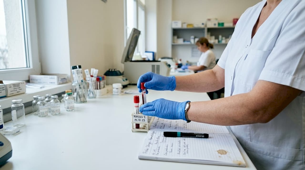 Asistenta pregătește fiolele pentru testarea nivelului hormonilor.