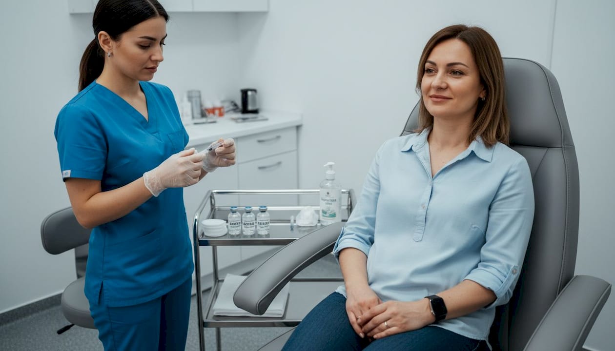Asistentă medicală pregătește tratamentul cu botox într-o clinică de dermatologie