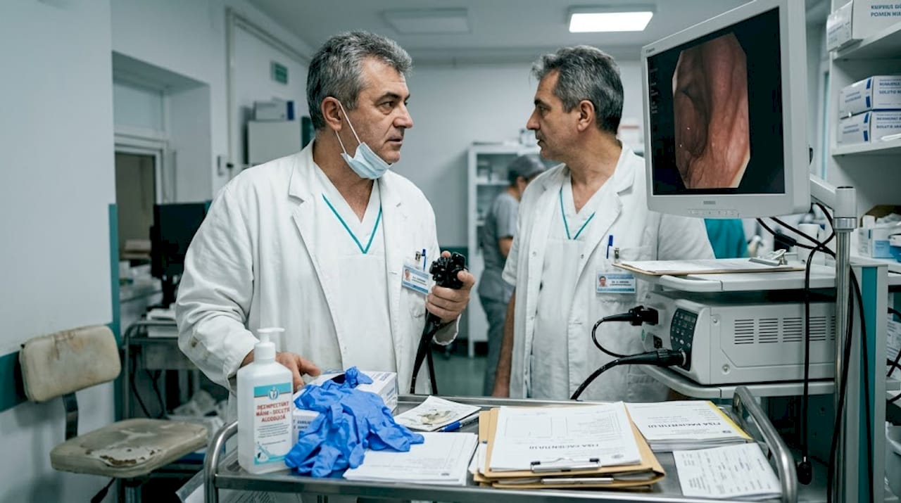 Medicul urmărește cu atenție imaginile de pe monitor în timpul colonoscopiei.