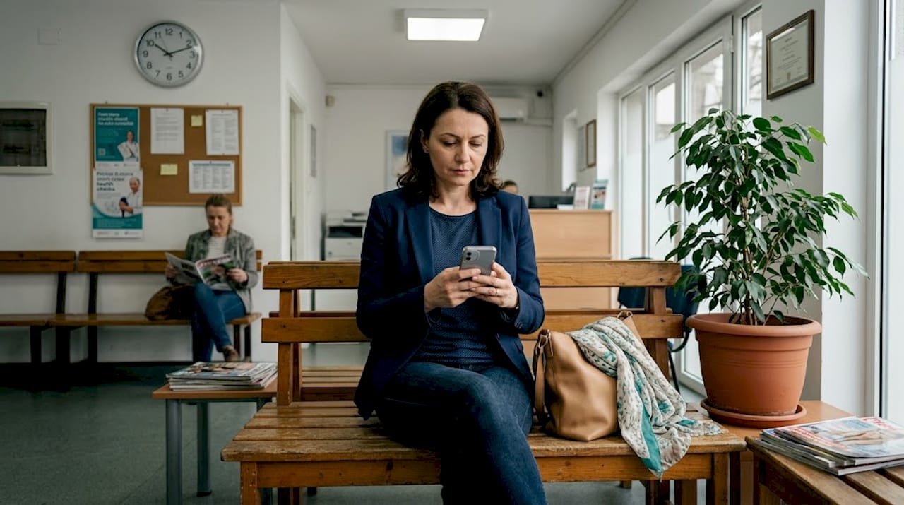 O pacientă stă în sala de așteptare, pregătită pentru consultația la clinică.