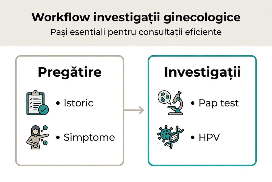 Infografic: pașii esențiali în desfășurarea unei investigații ginecologice
